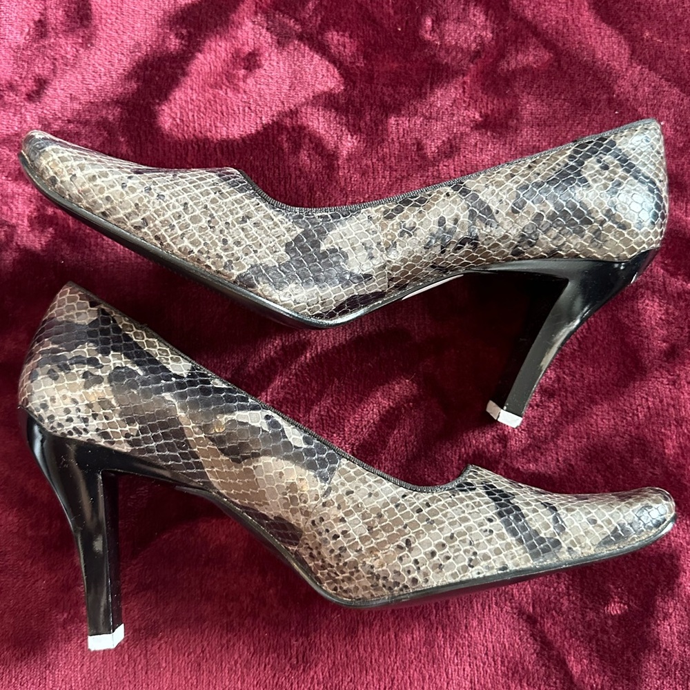 Enzo Angiolini Snake-Print Mid Heel Pumps in Beige and Black